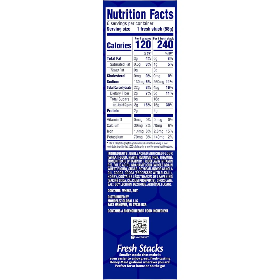 Honey Maid Chocolate Fresh Stacks, side label and serving information